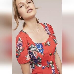 Anthropologie • Maeve Caldwell Floral Button Down Red Dress Womens Size 0